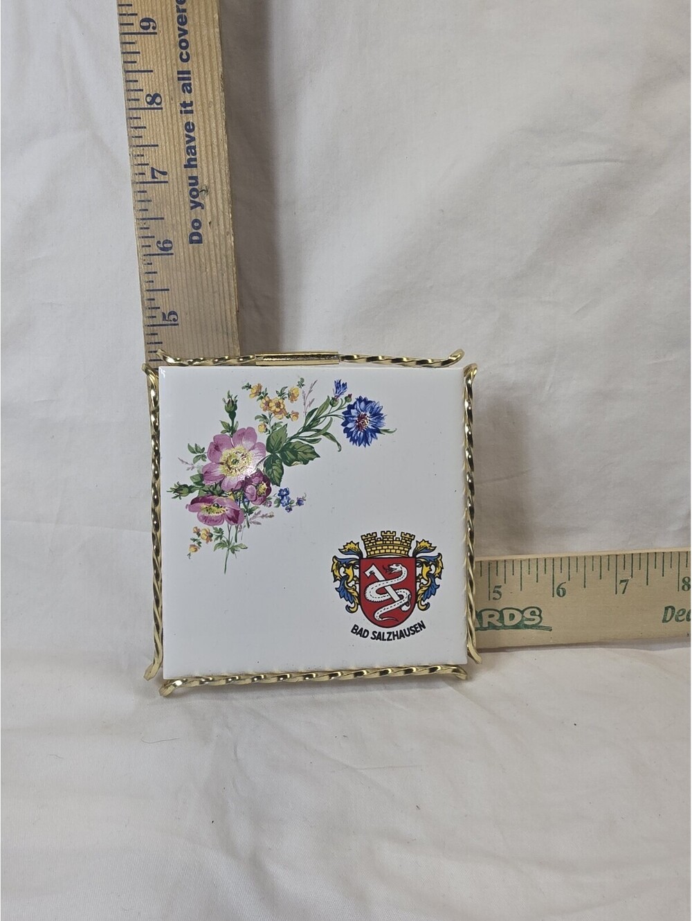 Vintage Villeroy & Boch Tile Trivet Bad Salzhausen German Crest Floral Framed